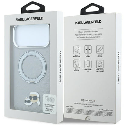 Puzdro MagSafe pre Apple iPhone 18 Pro Max / 17 Pro Max, Karl Lagerfeld, Ring Stand 360 Karl & Choupette Pin, sivé