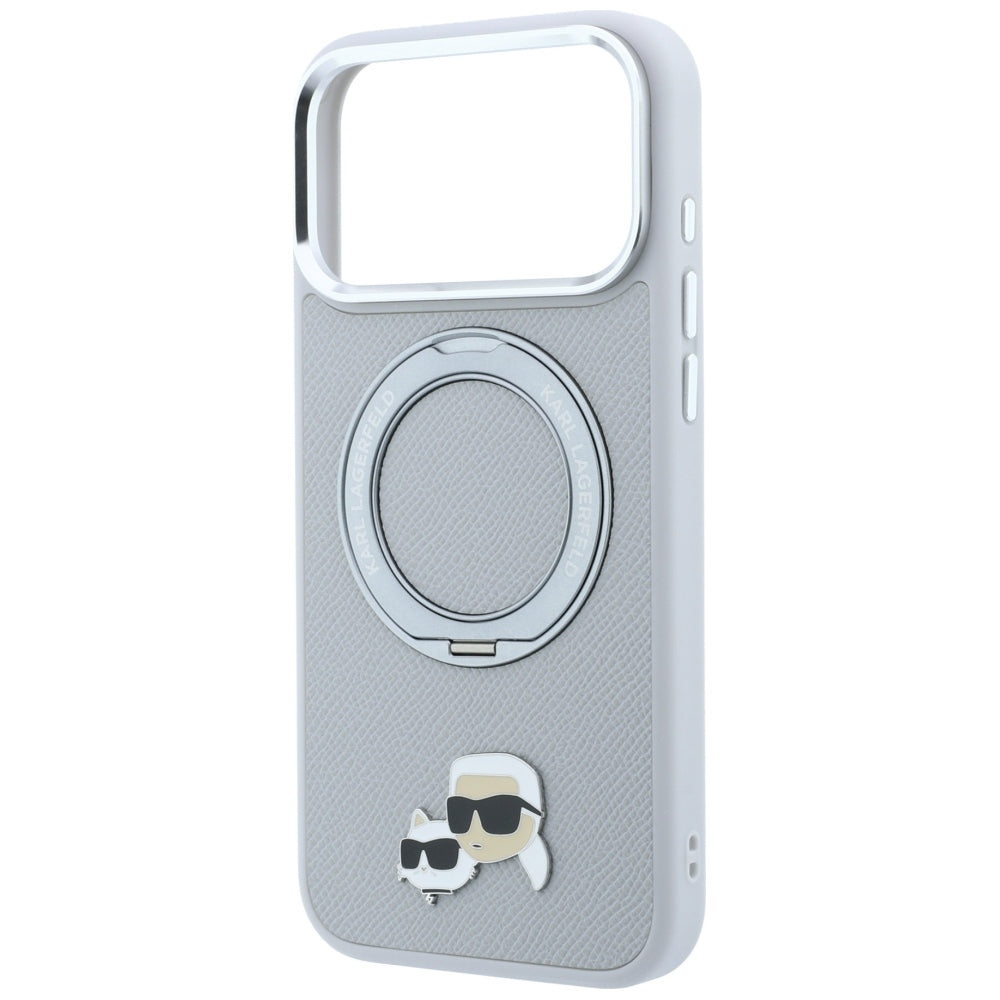 Puzdro MagSafe pre Apple iPhone 18 Pro Max / 17 Pro Max, Karl Lagerfeld, Ring Stand 360 Karl & Choupette Pin, sivé