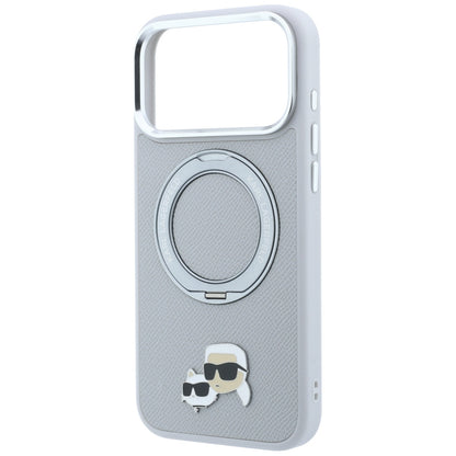 Puzdro MagSafe pre Apple iPhone 18 Pro Max / 17 Pro Max, Karl Lagerfeld, Ring Stand 360 Karl & Choupette Pin, sivé