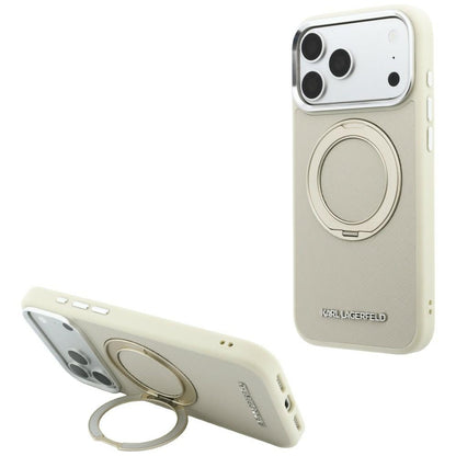 Puzdro MagSafe pre Apple iPhone 18 Pro Max / 17 Pro Max, Karl Lagerfeld, Ring Stand 360 Saffiano, béžové