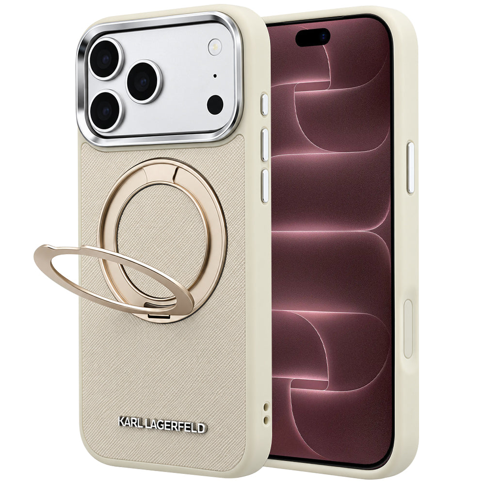 Puzdro MagSafe pre Apple iPhone 18 Pro Max / 17 Pro Max, Karl Lagerfeld, Ring Stand 360 Saffiano, béžové