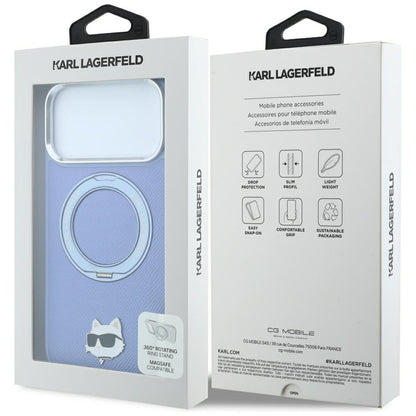 MagSafe Case for Apple iPhone 18 Pro Max / 17 Pro Max, Karl Lagerfeld, Saffiano Ring Stand 360 Choupette Pin, Blue