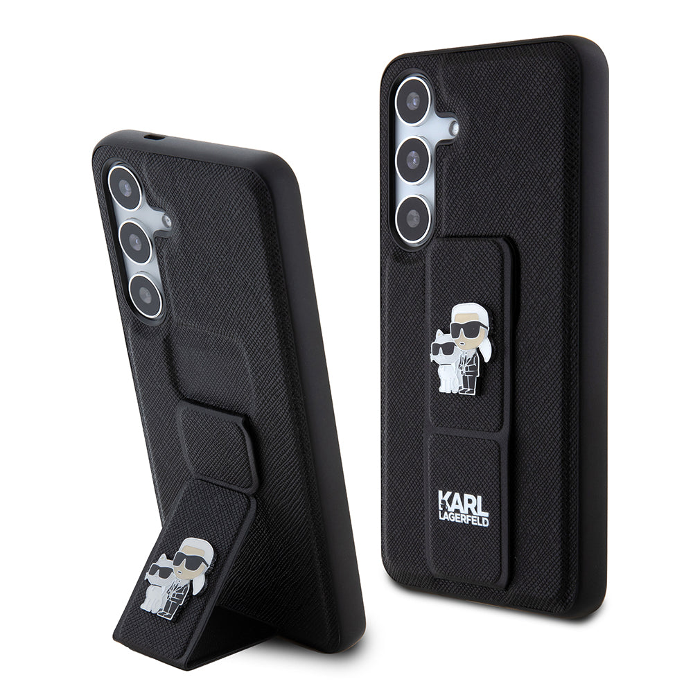 Puzdro MagSafe pre Samsung Galaxy S24 S921, Karl Lagerfeld, Saffiano Gripstand Karl & Choupette, Čierne