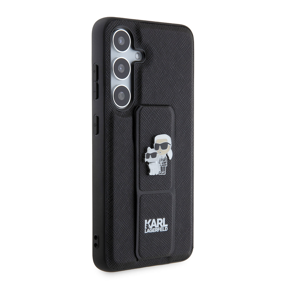Puzdro MagSafe pre Samsung Galaxy S24 S921, Karl Lagerfeld, Saffiano Gripstand Karl & Choupette, Čierne
