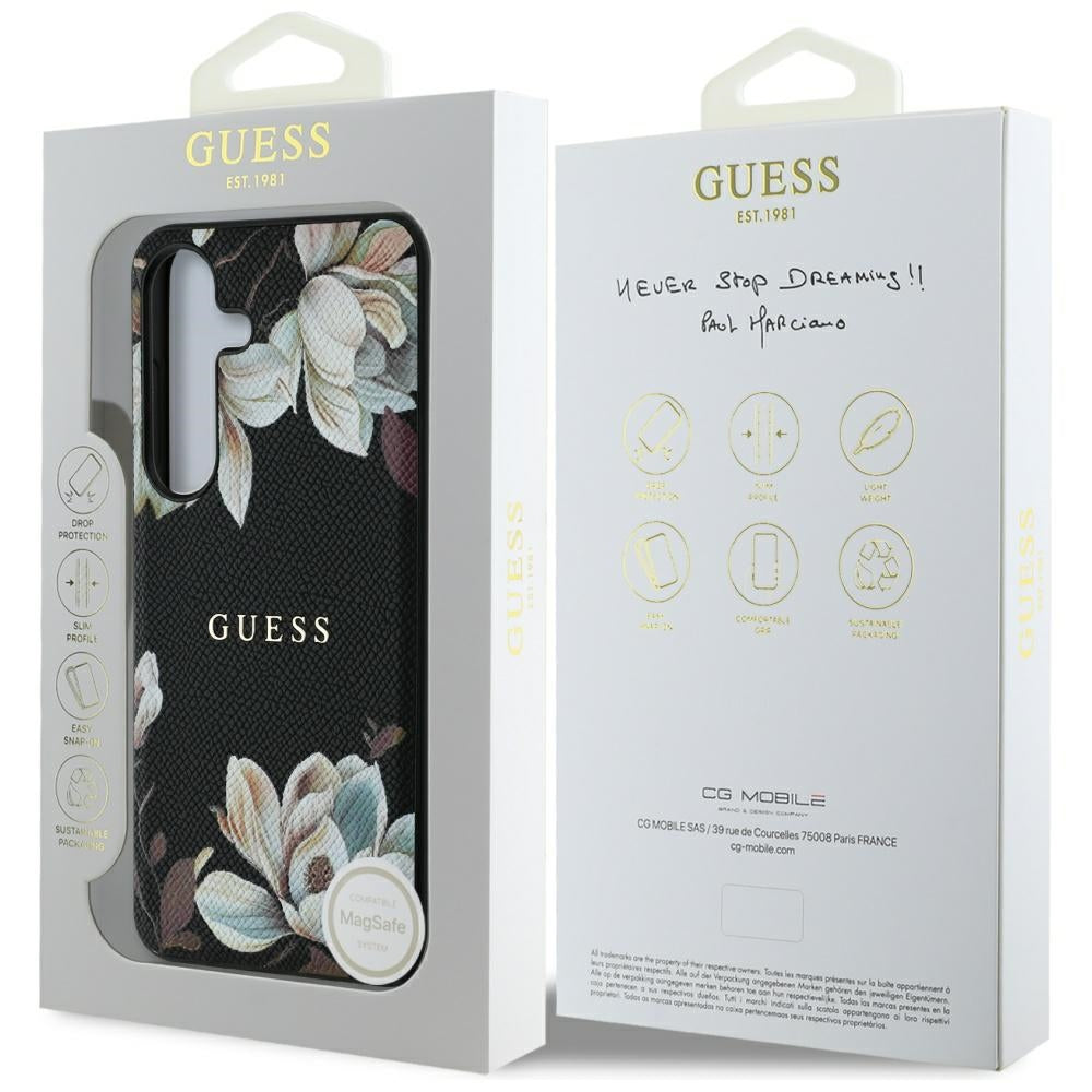 Puzdro MagSafe pre Samsung Galaxy S25 S931, Guess, Grained Flowers, Čierne