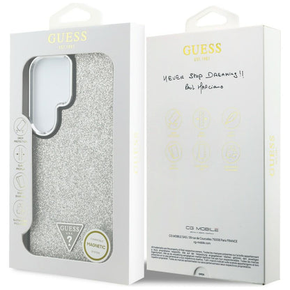 MagSafe puzdro pre Samsung Galaxy S26 Ultra S948, Guess, pevné trblietavé trojuholníkové logo, strieborné