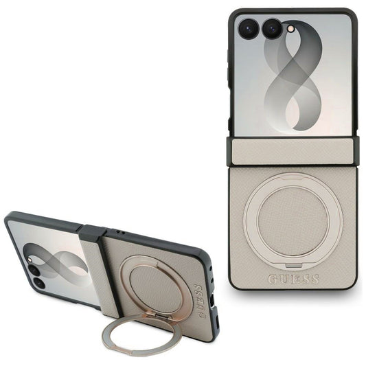 MagSafe puzdro pre Samsung Galaxy Z Flip8 F776, Guess, Ring Stand Grained Classic Logo, Béžová