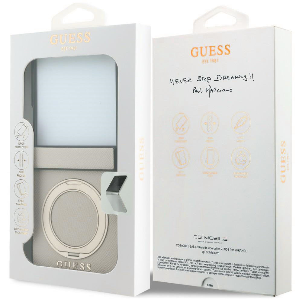 MagSafe puzdro pre Samsung Galaxy Z Flip8 F776, Guess, Ring Stand Grained Classic Logo, Béžová
