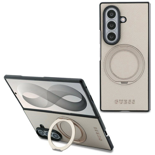 MagSafe puzdro pre Samsung Galaxy Z Fold8 Ultra F976, Guess, stojanový krúžok s textúrovaným klasickým logom, béžové