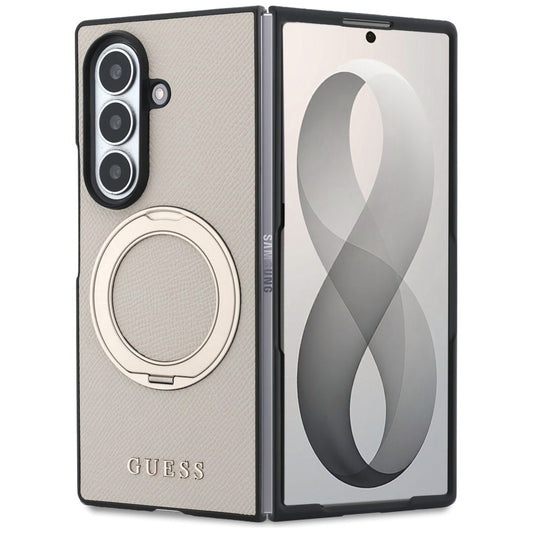 MagSafe puzdro pre Samsung Galaxy Z Fold8 Ultra F976, Guess, stojanový krúžok s textúrovaným klasickým logom, béžové