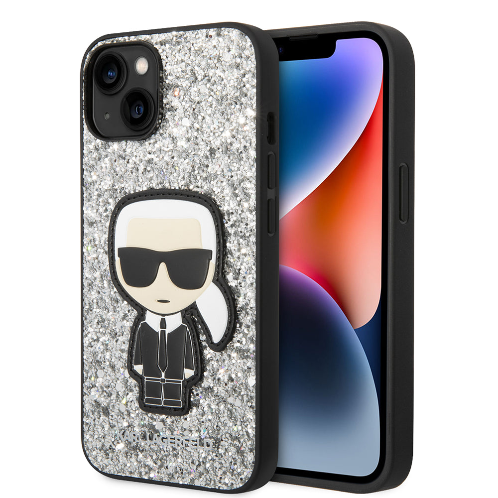 Puzdro pre Apple iPhone 14, Karl Lagerfeld, Glitter Flakes Ikonik Karl, Strieborné.