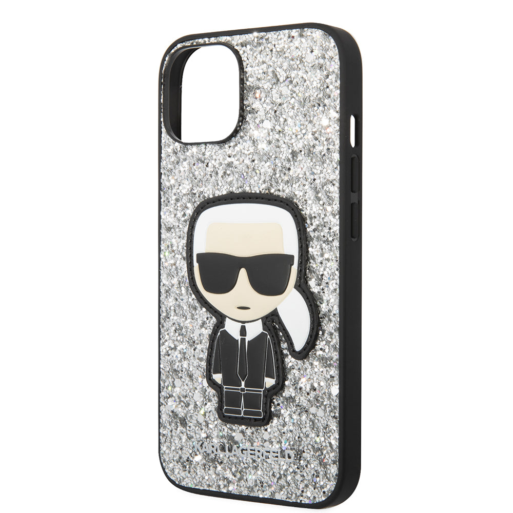 Puzdro pre Apple iPhone 14, Karl Lagerfeld, Glitter Flakes Ikonik Karl, Strieborné.
