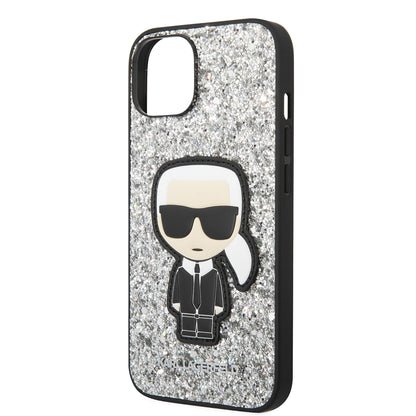 Puzdro pre Apple iPhone 14, Karl Lagerfeld, Glitter Flakes Ikonik Karl, Strieborné.