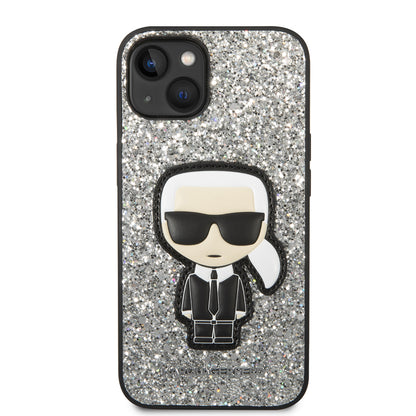Puzdro pre Apple iPhone 14, Karl Lagerfeld, Glitter Flakes Ikonik Karl, Strieborné.