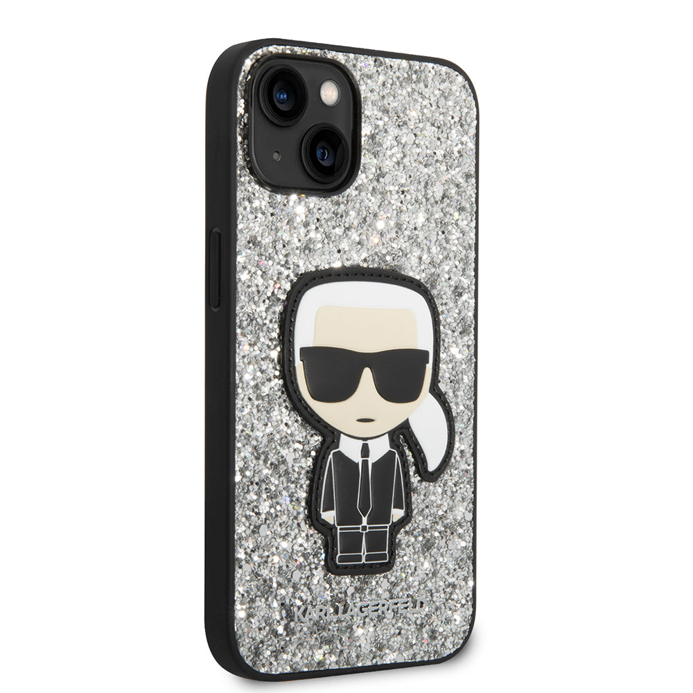 Puzdro pre Apple iPhone 14, Karl Lagerfeld, Glitter Flakes Ikonik Karl, Strieborné.