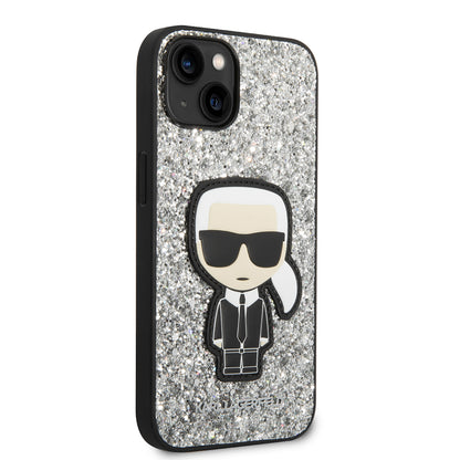 Puzdro pre Apple iPhone 14, Karl Lagerfeld, Glitter Flakes Ikonik Karl, Strieborné.