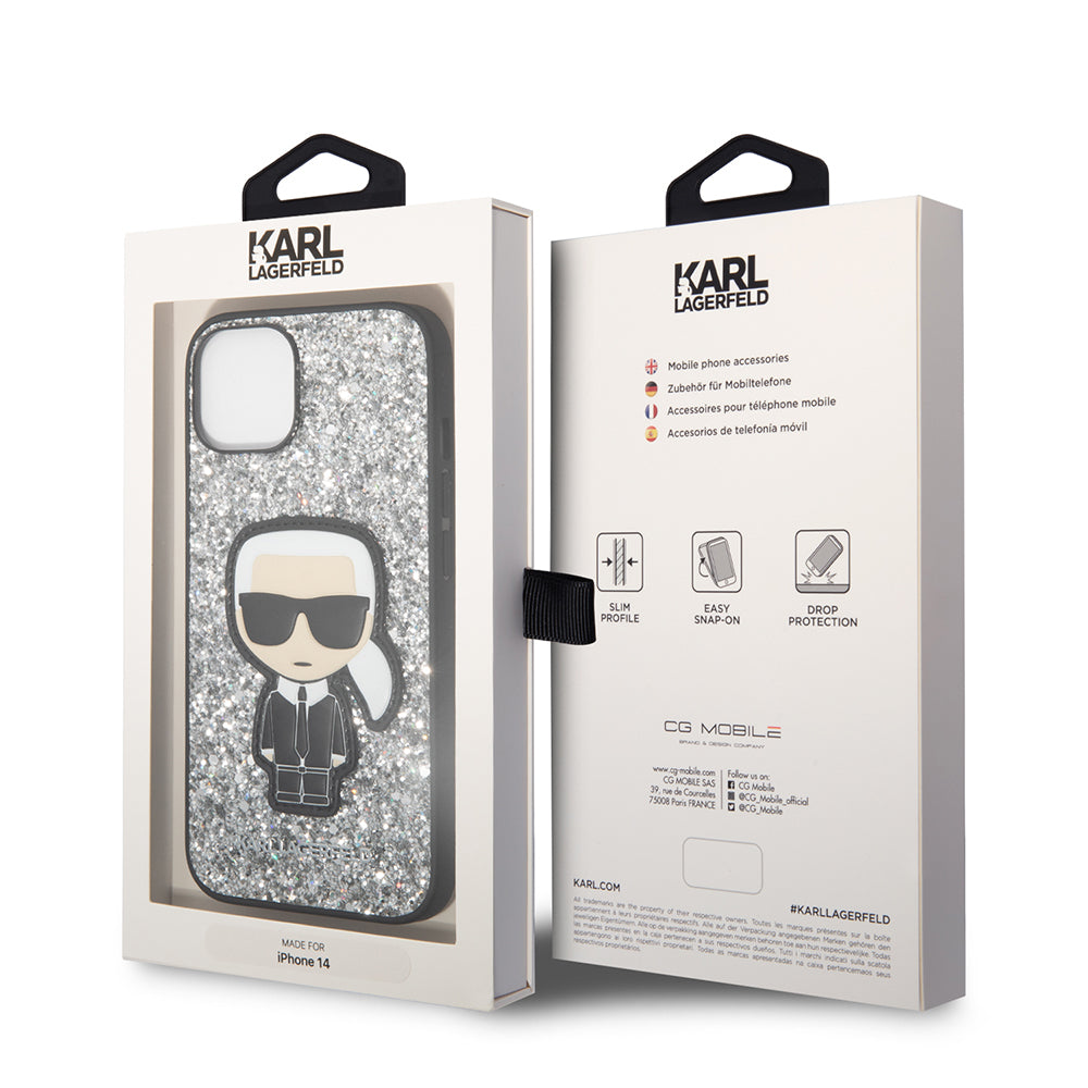 Puzdro pre Apple iPhone 14, Karl Lagerfeld, Glitter Flakes Ikonik Karl, Strieborné.