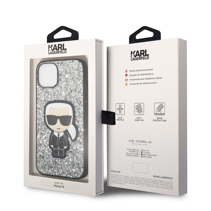 Puzdro pre Apple iPhone 14, Karl Lagerfeld, Glitter Flakes Ikonik Karl, Strieborné.