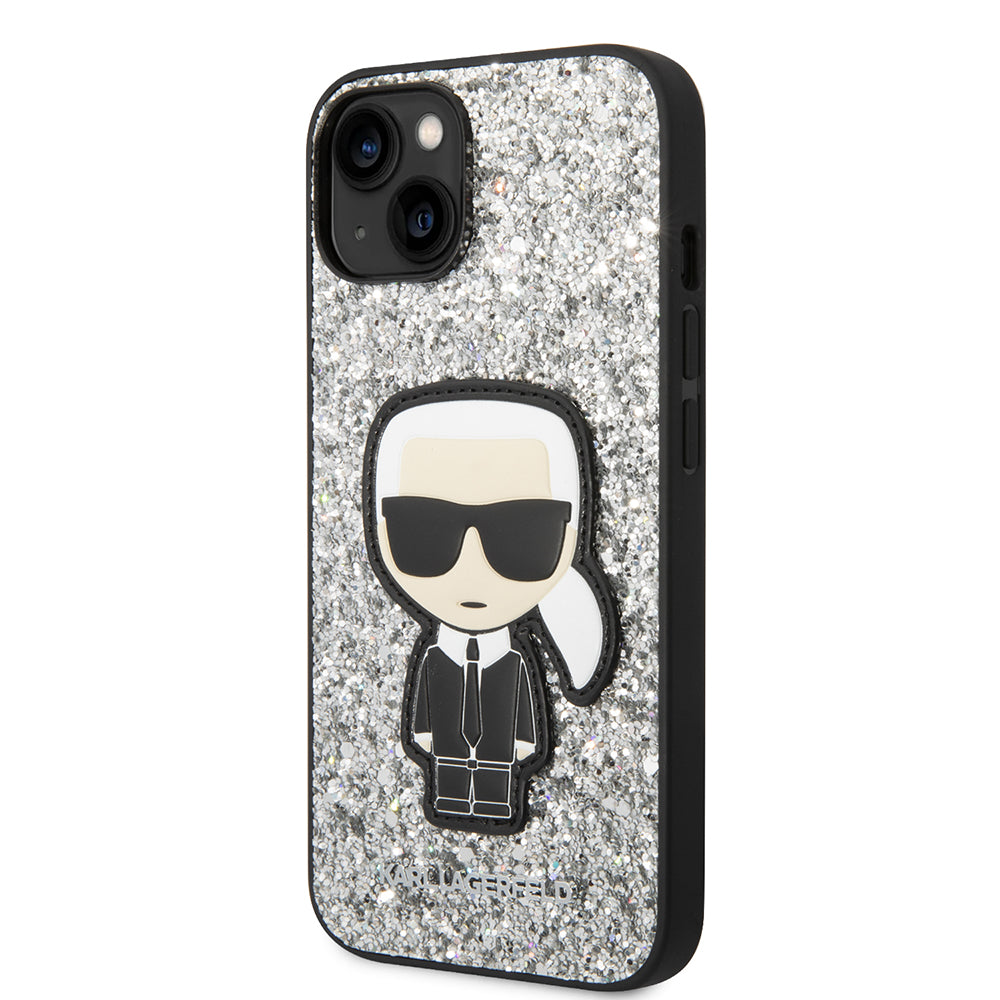 Puzdro pre Apple iPhone 14, Karl Lagerfeld, Glitter Flakes Ikonik Karl, Strieborné.