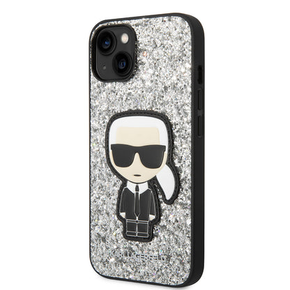 Puzdro pre Apple iPhone 14, Karl Lagerfeld, Glitter Flakes Ikonik Karl, Strieborné.