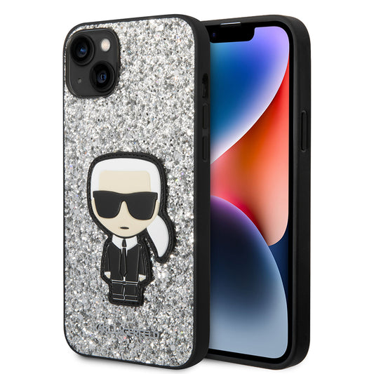 Puzdro pre Apple iPhone 14 Plus, Karl Lagerfeld, Glitter Flakes Ikonik Karl, Strieborné