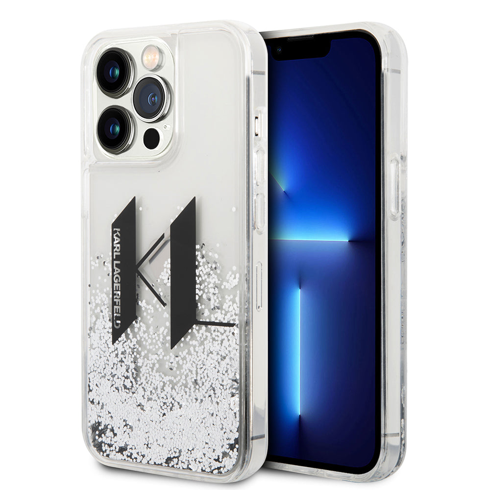 Puzdro pre Apple iPhone 14 Pro, Karl Lagerfeld, Liquid Glitter Big KL, Strieborné