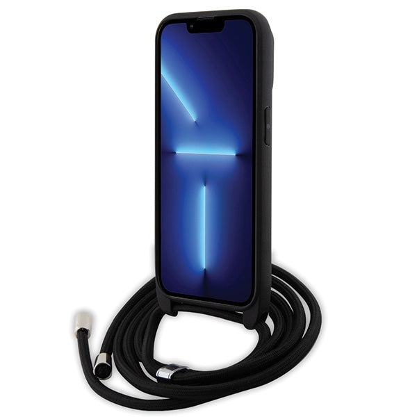 Puzdro pre Apple iPhone 14 Pro, Karl Lagerfeld, Saffiano Crossbody Metal Pin Karl & Choupette, Čierne