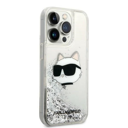 Puzdro pre Apple iPhone 14 Pro Max, Karl Lagerfeld, Glitter Choupette's Head, Strieborné.