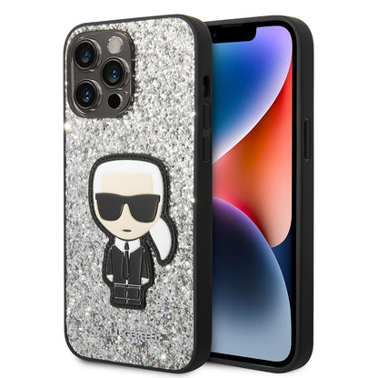 Puzdro pre Apple iPhone 14 Pro Max, Karl Lagerfeld, Glitter Flakes Ikonik Karl, Strieborné