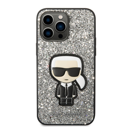 Puzdro pre Apple iPhone 14 Pro Max, Karl Lagerfeld, Glitter Flakes Ikonik Karl, Strieborné
