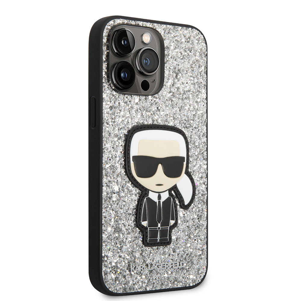 Puzdro pre Apple iPhone 14 Pro Max, Karl Lagerfeld, Glitter Flakes Ikonik Karl, Strieborné