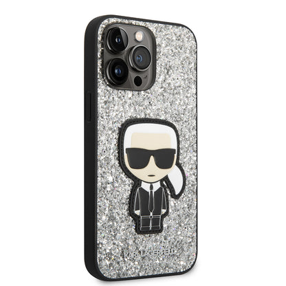 Puzdro pre Apple iPhone 14 Pro Max, Karl Lagerfeld, Glitter Flakes Ikonik Karl, Strieborné