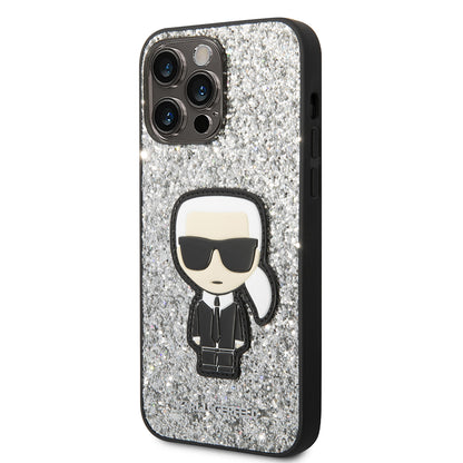 Puzdro pre Apple iPhone 14 Pro Max, Karl Lagerfeld, Glitter Flakes Ikonik Karl, Strieborné