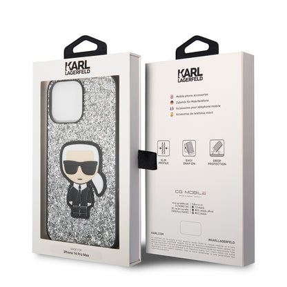 Puzdro pre Apple iPhone 14 Pro Max, Karl Lagerfeld, Glitter Flakes Ikonik Karl, Strieborné