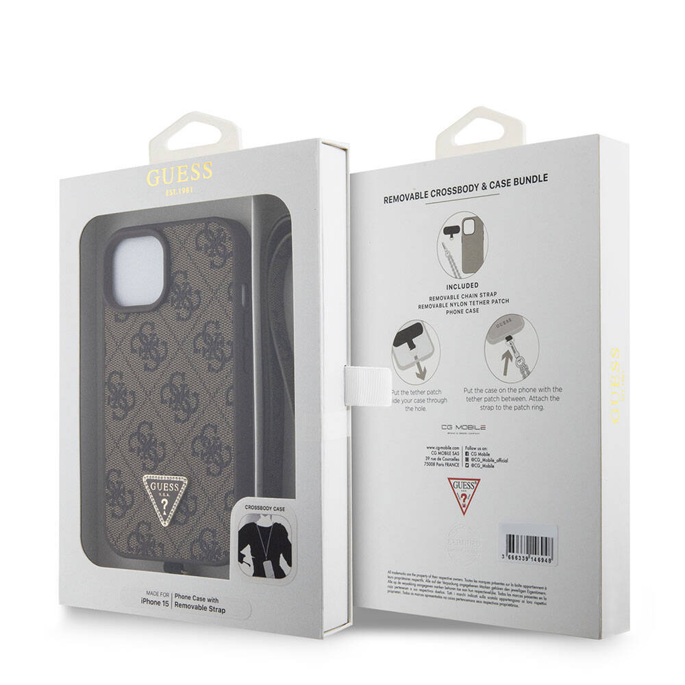 Puzdro pre Apple iPhone 15, Guess, Crossbody 4G Metal Logo, Hnedé