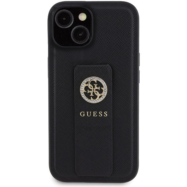 Puzdro pre Apple iPhone 15, Guess, Grip Stand 4G Saffiano Strass, Čierne