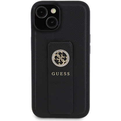 Puzdro pre Apple iPhone 15, Guess, Grip Stand 4G Saffiano Strass, Čierne