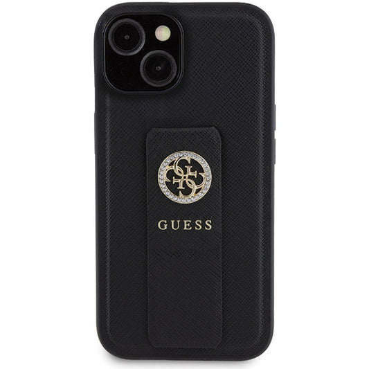 Case for Apple iPhone 15, Guess, Grip Stand 4G Saffiano Strass, Black