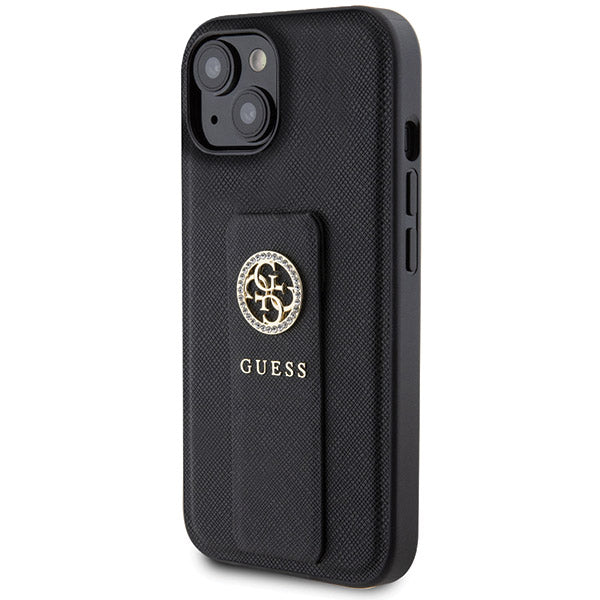 Puzdro pre Apple iPhone 15, Guess, Grip Stand 4G Saffiano Strass, Čierne