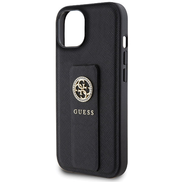 Puzdro pre Apple iPhone 15, Guess, Grip Stand 4G Saffiano Strass, Čierne