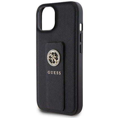 Puzdro pre Apple iPhone 15, Guess, Grip Stand 4G Saffiano Strass, Čierne