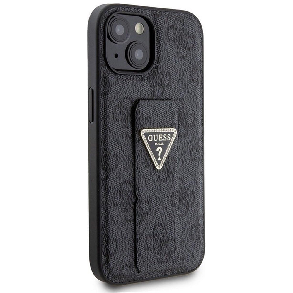 Puzdro pre Apple iPhone 15, Guess, Grip Stand 4G Triangle Strass, Čierne