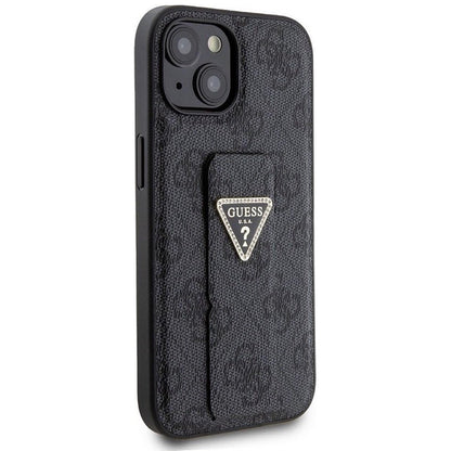 Puzdro pre Apple iPhone 15, Guess, Grip Stand 4G Triangle Strass, Čierne
