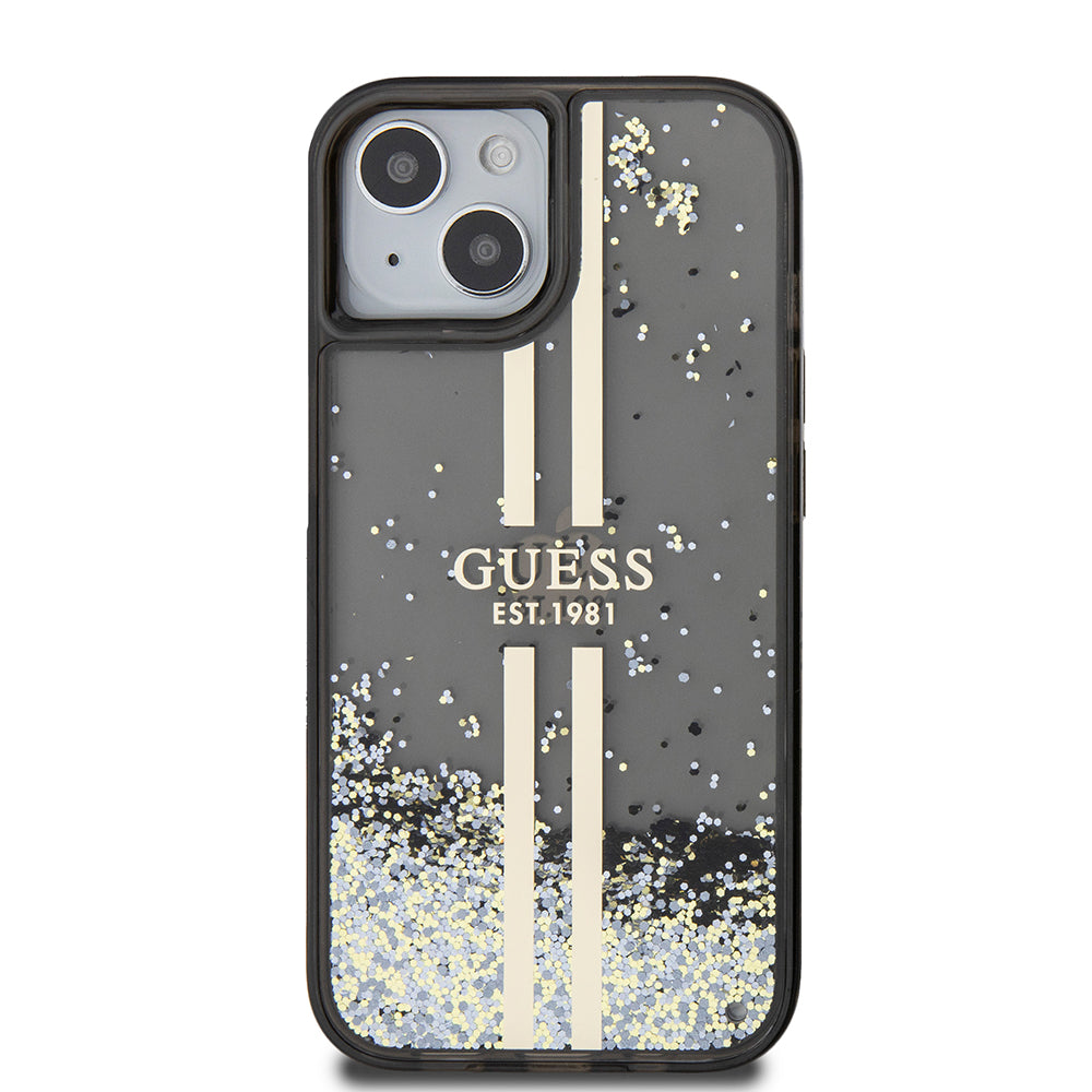 Puzdro pre Apple iPhone 15, Guess, Liquid Glitter Gold Stripes, Čierne