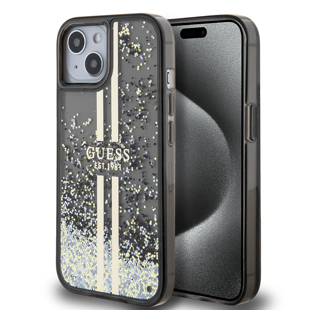Puzdro pre Apple iPhone 15, Guess, Liquid Glitter Gold Stripes, Čierne