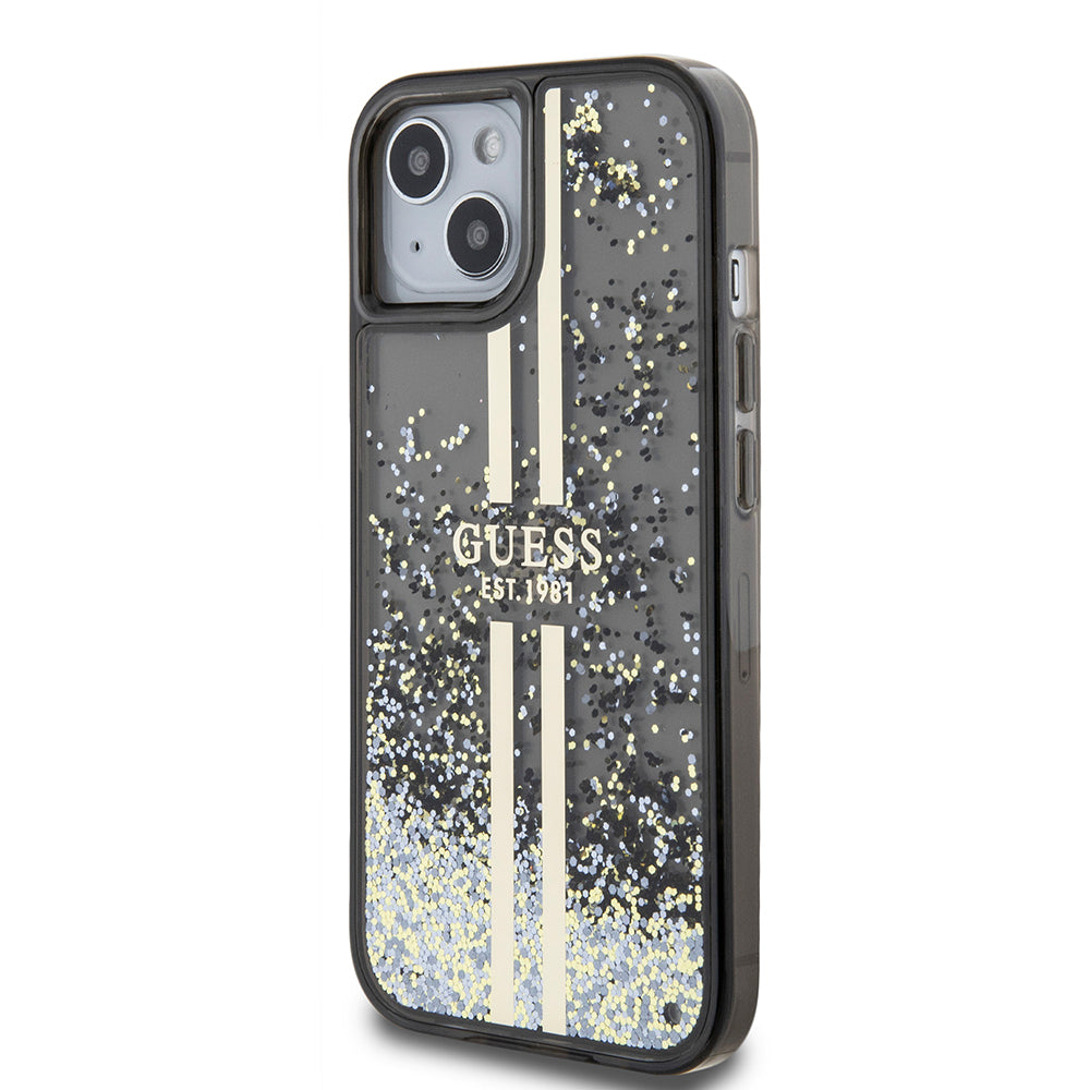 Puzdro pre Apple iPhone 15, Guess, Liquid Glitter Gold Stripes, Čierne