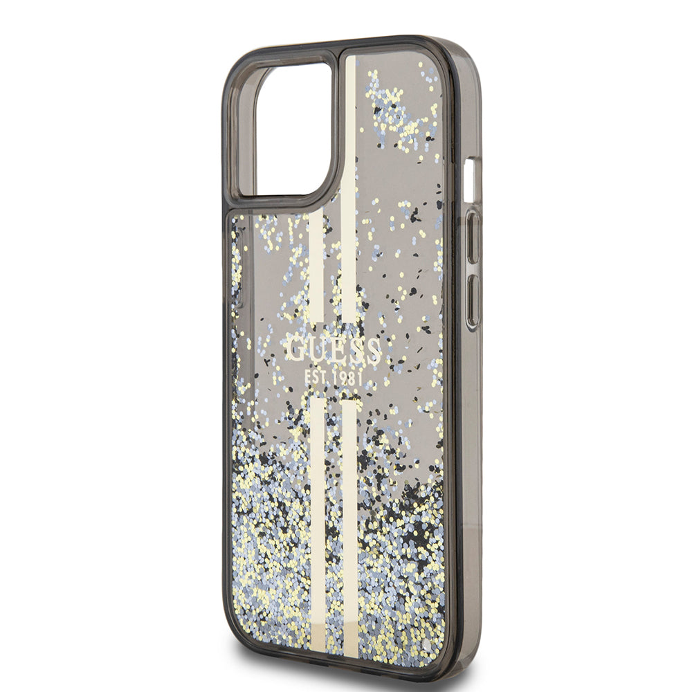 Puzdro pre Apple iPhone 15, Guess, Liquid Glitter Gold Stripes, Čierne