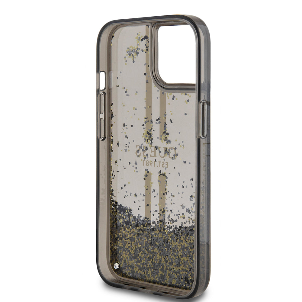 Puzdro pre Apple iPhone 15, Guess, Liquid Glitter Gold Stripes, Čierne
