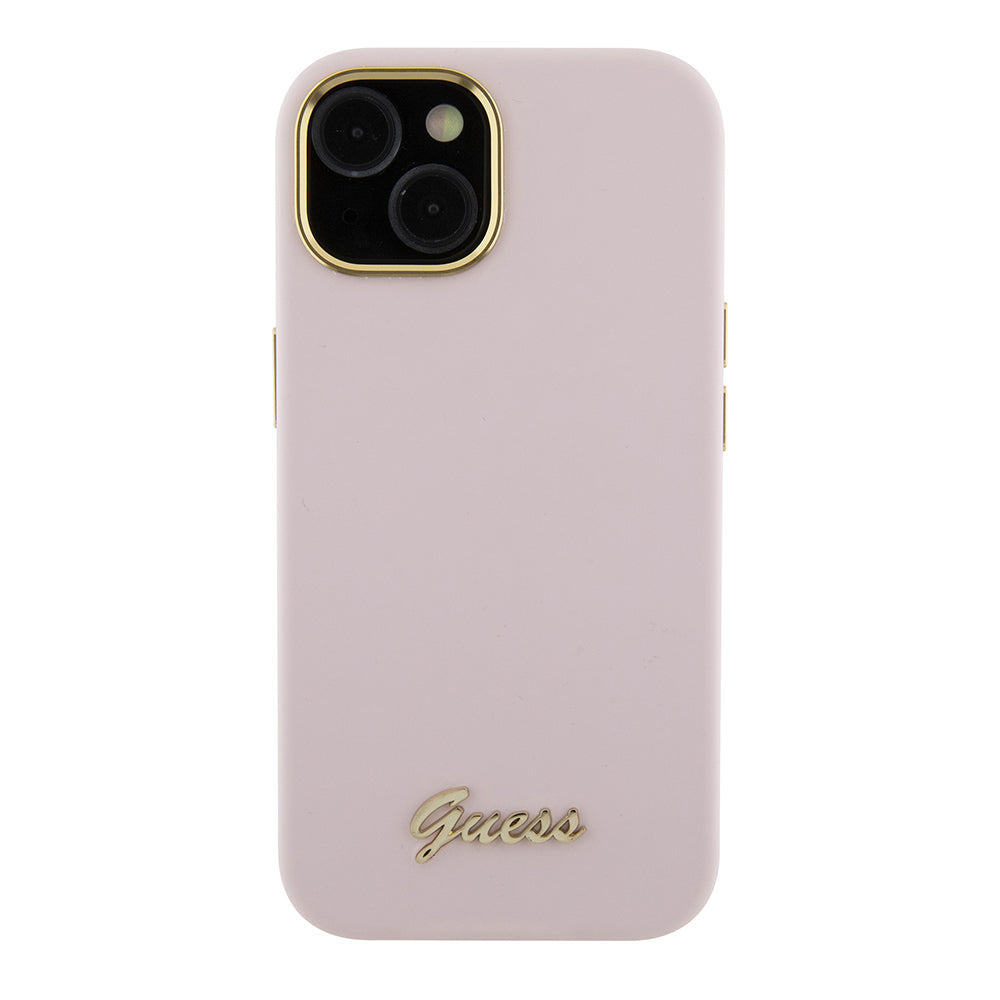 Case for Apple iPhone 15, Guess, Script Metal Logo & Frame, Light Pink
