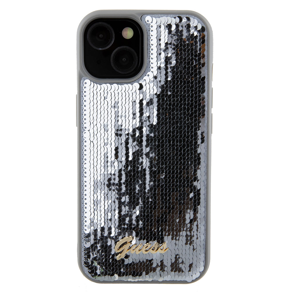 Puzdro pre Apple iPhone 15, Guess, Sequin Script Metal, Strieborné